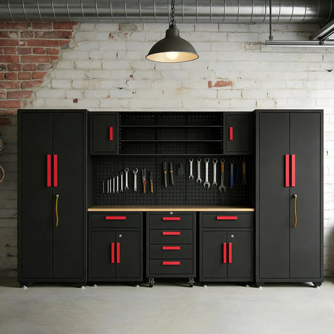 Black Garage Tool Cabinet Set, 9-Piece Storage System For Tools And Gear, Heavy-Duty Corner Workshop Organizer against brick wall