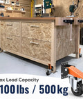 3 Inch Side Mount Swivel Workbench Castors With Step Lift Pedal For Easy Mobility Heavy Duty Caster Set Supports Up To 1100 Lbs installed on a wooden workbench.