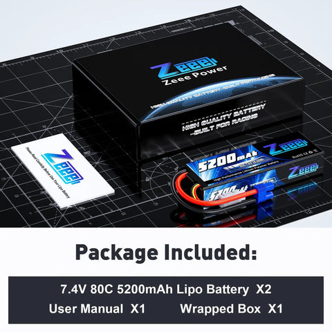 Beefed Up 7.4V LiPo 5200mAh 80C Hard Case Battery With EC3 Plug packaging, includes two batteries, manual, and box