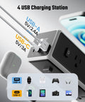 Heavy Duty Tower Power Strip Game Changing Surge Protection With Retractable Cable Featuring Twelve Wide AC Outlets Plus Four Fast Charging USB Ports For Easy Setup showing 4 USB ports and device compatibility.