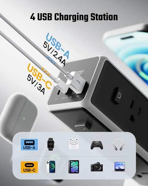Heavy Duty Tower Power Strip Game Changing Surge Protection With Retractable Cable Featuring Twelve Wide AC Outlets Plus Four Fast Charging USB Ports For Easy Setup showing 4 USB ports and device compatibility.