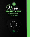 Temperature control dial labeled for Compact Black Chest Freezer With 3.5 Cubic Feet Capacity, adjustable from -11.2°F to 50°F.
