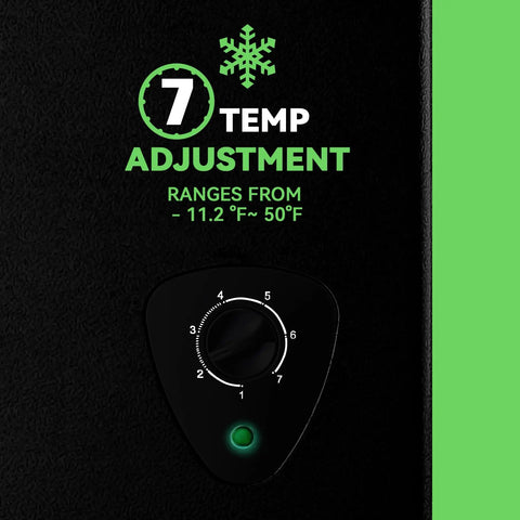Temperature control dial labeled for Compact Black Chest Freezer With 3.5 Cubic Feet Capacity, adjustable from -11.2°F to 50°F.