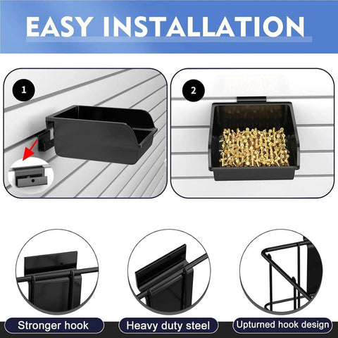 Slatwall Organizer Kit With Hooks Shelves Bins And Baskets Plus Screwdriver Holder For Garage And Room Storage 40 Piece Wall Mounted Setup showing installation process and steel hooks