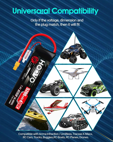 2S LiPo Battery Pack 7.4V 5200mAh 120C Soft Case XT60 Plug with RC vehicle compatibility chart