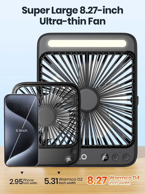 20,000mAh Portable Camping Fan With LED Lantern All Day Cool Ultra Slim 8 Inch Rechargeable Desk Fan comparison size