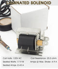 Direct Replacement Laminated Solenoid For Central Boiler Woodmaster Crown Royal Hardy Wood Stove 4X240 Furnace Draft Damper Two Pack Tough As Nails Outdoor Boiler Part For Reliable Around The Clock Operation shown with coil specs and soldering iron