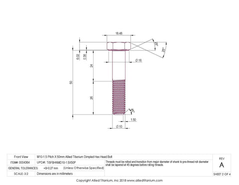 M10 X 50 Millimeter Hex Head Bolts Pack Of Five Grade 5 Titanium Fasteners corrosion resistant detailed technical drawing.