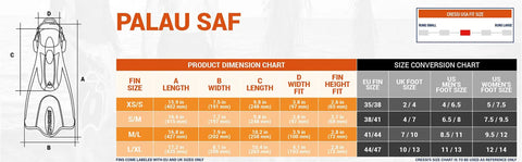 Frameless Mask With Tempered Glass Lens And Dry Snorkel Palau Short Snorkeling Fins Set size chart and dimensions.