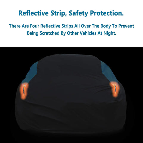 Waterproof Car Cover For All Weather Snowproof UV Protection Windproof Outdoor Full Car Cover For Sedan Fits 194 To 206 Inches Blue Heavy Duty Fabric with reflective strips.