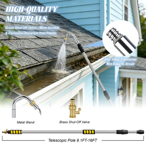 16Ft Telescoping Gutter Cleaning Tool From Ground With Up To 24Ft Reach Bendable Flexible Wand Metal Curved Wand spraying gutter
