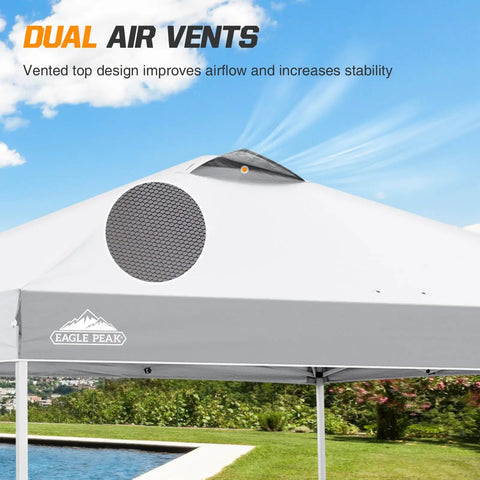 10x10 Foot Pop Up Canopy Tent With Wheeled Carry Bag, Easy One Person Setup, Center Lock Push System shown with vented top