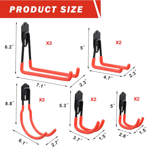 5 sizes of 12 Pack Adjustable Heavy Duty Wall Mount Garage Hooks Organizer Kit For Steel Shelving And Garden Tool Storage