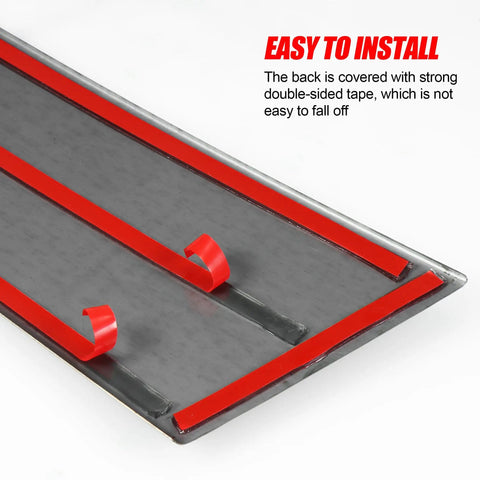 Close-up of Porsche Macan 2014 2022 glossy black stainless steel door pillar trim with red double-sided tape, easy install