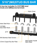 Road Ready Power Distribution Bus Bar With Four M8 Terminal Studs Handles 250 Amps On 12V Systems Built Tough For Solar And RV Genuine Tinned Copper Conductors No Hassle Hookup Positive And Negative Pair In Red And Black showing 4 M8 studs and nylon cover.