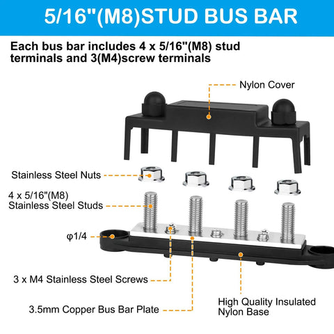 Road Ready Power Distribution Bus Bar With Four M8 Terminal Studs Handles 250 Amps On 12V Systems Built Tough For Solar And RV Genuine Tinned Copper Conductors No Hassle Hookup Positive And Negative Pair In Red And Black showing 4 M8 studs and nylon cover.