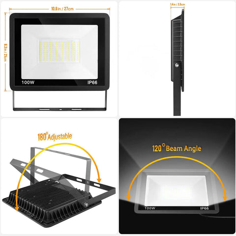 100W LED Flood Light Outdoor 2 Pack with 10000LM Hella Bright IP66 Waterproof Security Lights, front, side, and beam angles view