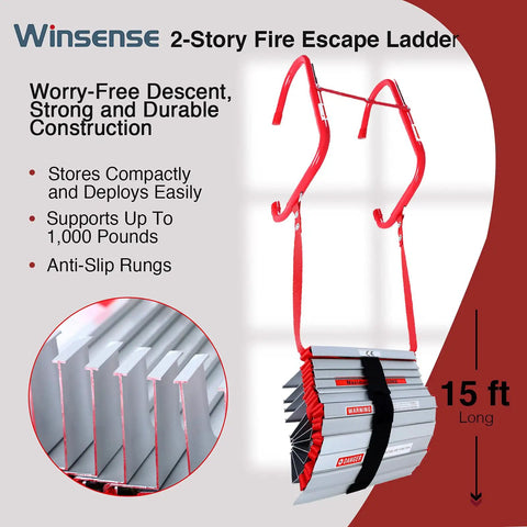 Retractable Fire Escape Ladder For Two Story Homes 15 Foot Aluminum Steps With Extra Wide Anti Slip Rungs Portable And Easy Deploy No Assembly Required Emergency Window Exit For Adults During Fires