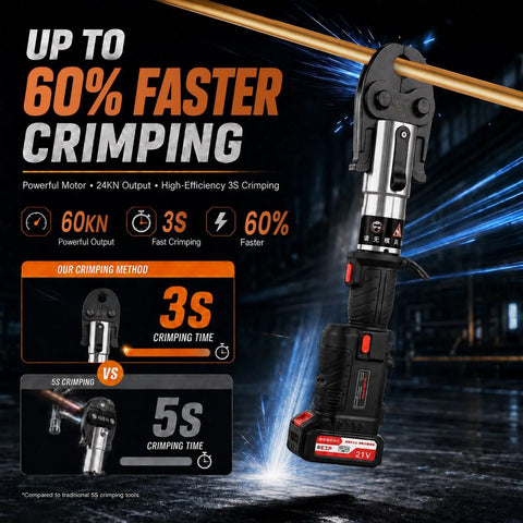 Heavy Duty 21V Cordless Pipe Crimping Tool With Brushless Motor And High Carbon Steel Build, highlighting fast crimping in a sleek design.