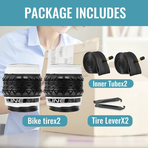 Package contents for 2 Pack Cruiser Bike Tires With Inner Tubes And Tire Levers, 26x2.125, white wall tires, tubes, levers