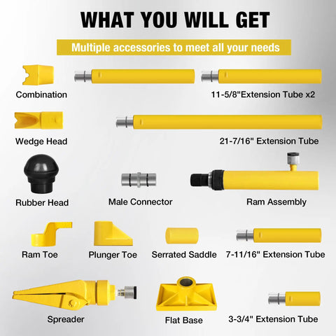 Components of Beefy 10 Ton Porta Power Kit Hydraulic Ram Jack Pusher Puller for Auto Body Frame Repair with accessories labeled