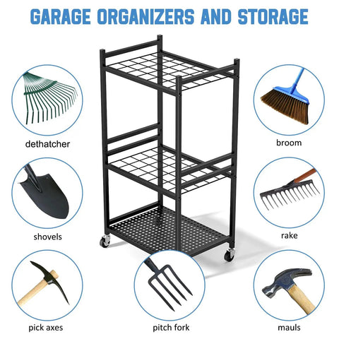 Rolling Garden Tool Organizer On Wheels With Mega Capacity Holds Up To 35 Long Handled Tools Heavy Duty Metal Rack For Garage Or Shed