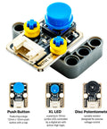 Close-up of ESP32 S3 Starter Kit module with push button, XL LED, and disc potentiometer for fast prototyping and IoT projects.