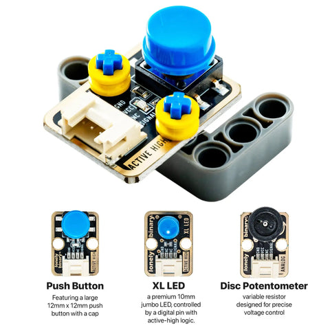 Close-up of ESP32 S3 Starter Kit module with push button, XL LED, and disc potentiometer for fast prototyping and IoT projects.