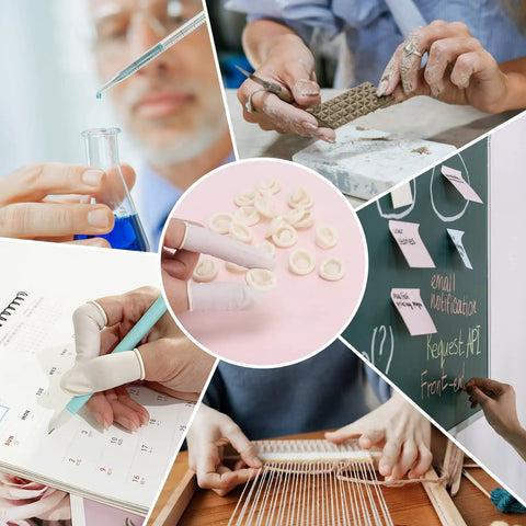 Collage with Disposable Finger Cots 300 Pack White Latex Rubber Tips used for lab, writing, crafting, and electronics tasks.