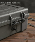 Heavy Duty Pull To Lock Toggle Latch with Rubber Hook on a wet toolbox lid, plastic construction reduces vibration and noise during transport.