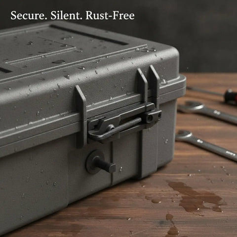 Heavy Duty Pull To Lock Toggle Latch with Rubber Hook on a wet toolbox lid, plastic construction reduces vibration and noise during transport.