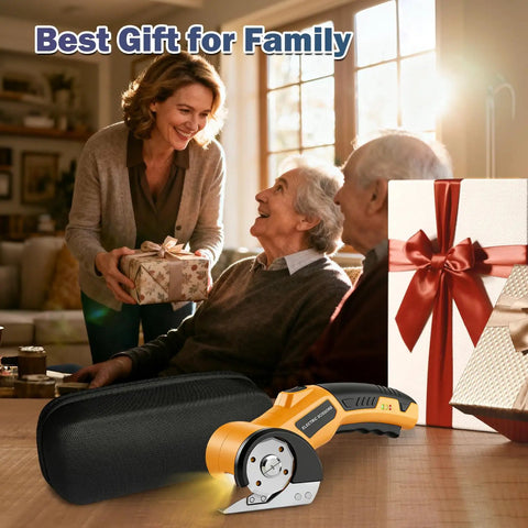 Heavy Duty Electric Cardboard Scissors With LED Light And Safety Lock Tungsten Steel Blade 2000Mah Battery shown with carry case for a family gift.