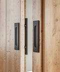 Two Piece Twelve Inch Pull And Flush Barn Door Handle Set In Black for gates garages sheds and furniture rustic two sided design