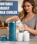 Woman using the Portable Breast Milk Cooler with 360 Degree Cooling to store bottles in the kitchen.