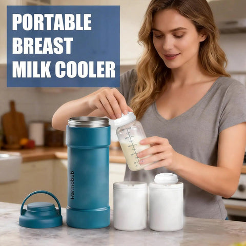 Woman using the Portable Breast Milk Cooler with 360 Degree Cooling to store bottles in the kitchen.