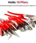 10 Tool Pliers Organizer Rack For Drawer Space Saving Holds 10 Pliers Upright Toolbox Ready Durable Made In USA Construction ORG41210 Pliers Organizer Stand Keeps Tools Grab And Go, showing red ABS dividers with various pliers