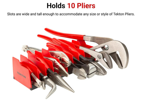 10 Tool Pliers Organizer Rack For Drawer Space Saving Holds 10 Pliers Upright Toolbox Ready Durable Made In USA Construction ORG41210 Pliers Organizer Stand Keeps Tools Grab And Go, showing red ABS dividers with various pliers