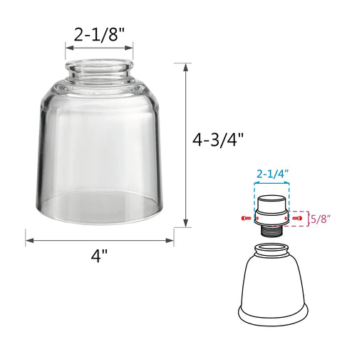 Image showing Clear Bell Shaped Ceiling Fan Glass Shade Replacement, 4 Pack, 2-1/8 Fitter, 4 Diameter, 4-3/4 Height specifications.