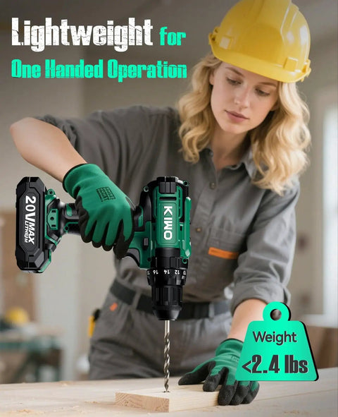 Two 20V 2.0Ah Batteries Cordless Drill Set With 350 In Lb Torque, 0 To 1350 RPM, 3 Eighth Inch Keyless Chuck in use on wood