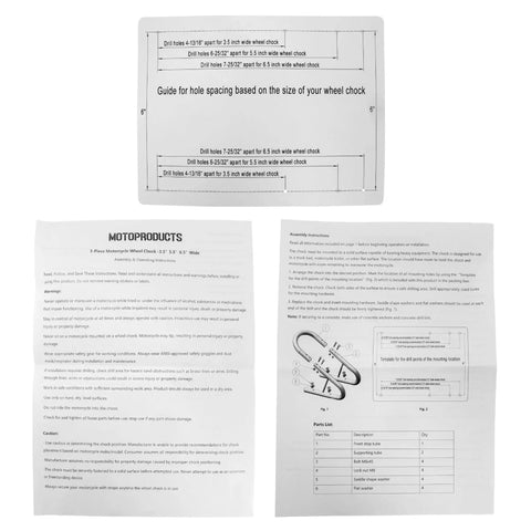 Instruction sheets for 4 Bolt No Wobble Wheel Chock For Motorcycles And Dirt Bikes, Heavy Duty 3.5 Inch Wide