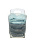 Slick 12 Quart Clear Storage Bins With Built In Carry Handles Narrow Rectangular Organizer Containers For Pantry Closet Cabinet Shelf And Home Organization Straight Up Durable Two Pack with stacked towels.