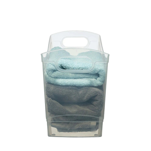 Slick 12 Quart Clear Storage Bins With Built In Carry Handles Narrow Rectangular Organizer Containers For Pantry Closet Cabinet Shelf And Home Organization Straight Up Durable Two Pack with stacked towels.
