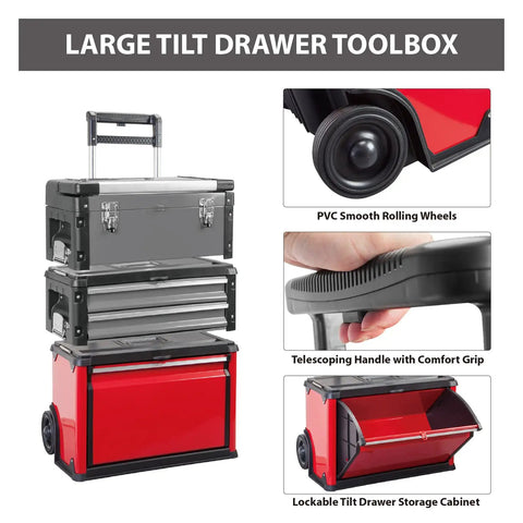 Portable Rolling Garage Tool Organizer Cart With 3 Drawers showing steel and plastic construction, red tilt drawer, and wheels