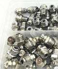 Top Notch Grease Fitting Kit With Assorted Lubricating Screw Nozzle Angle Nipples And Bearing Tool Box Featuring One-Way Check Valve Spring Ball Sealer To Stop Backflow And Keep Gears Running Smooth As Butter. metal grease fittings in plastic tray