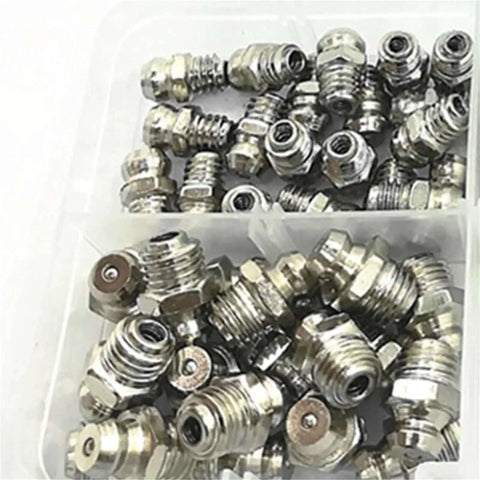 Top Notch Grease Fitting Kit With Assorted Lubricating Screw Nozzle Angle Nipples And Bearing Tool Box Featuring One-Way Check Valve Spring Ball Sealer To Stop Backflow And Keep Gears Running Smooth As Butter. metal grease fittings in plastic tray