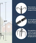 2 Pack 9 Foot Outdoor String Light Poles with adjustable stand and 5 prong spiral ground anchors, black finish, shown with details