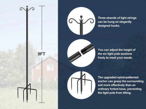 2 Pack 9 Foot Outdoor String Light Poles with adjustable stand and 5 prong spiral ground anchors, black finish, shown with details