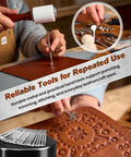Person using Leather Working Tools Kit Max Version With Custom Handbag Cutting Mats Engraving Punching Sewing Stamping Tools for crafting leather