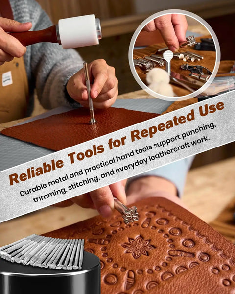 Person using Leather Working Tools Kit Max Version With Custom Handbag Cutting Mats Engraving Punching Sewing Stamping Tools for crafting leather