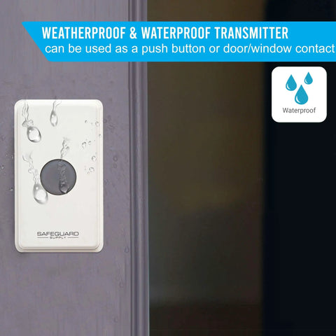 Weatherproof and waterproof transmitter for Extra Loud Wireless Doorbell Kit With 120dB Siren For Busy Warehouses And Large Areas.